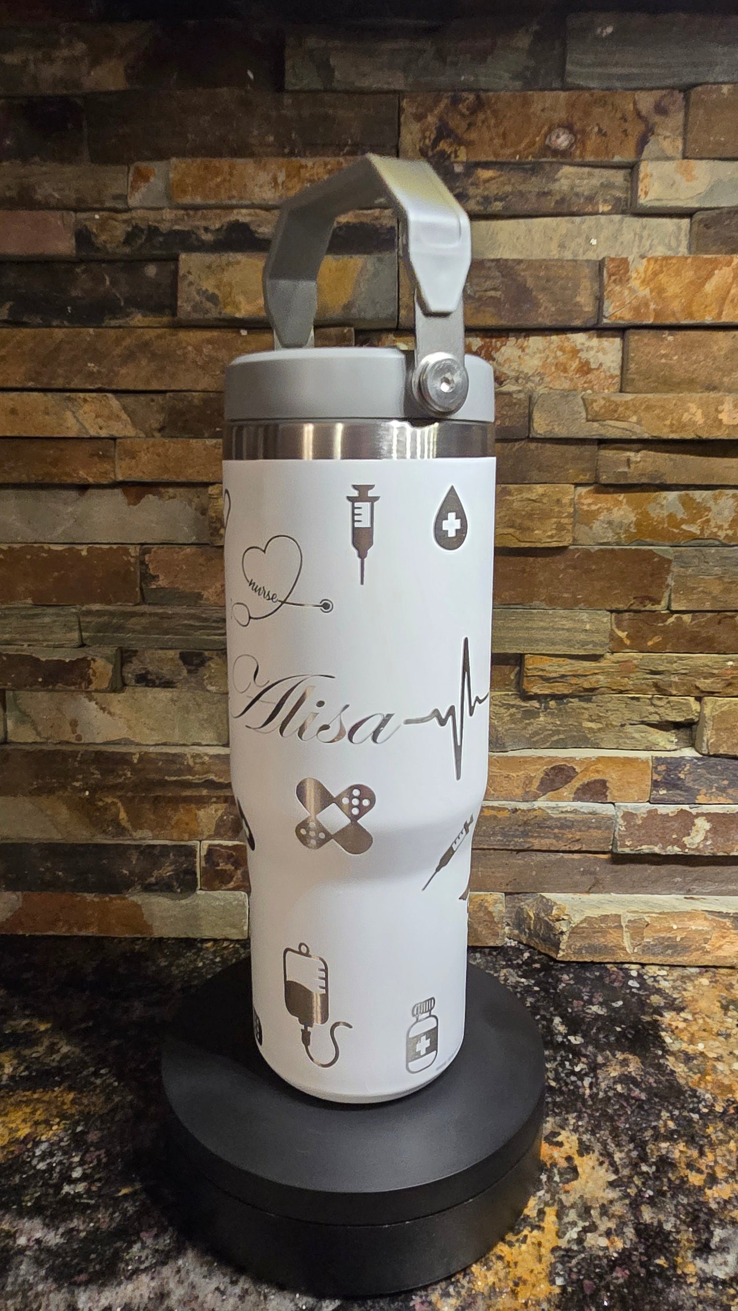 Custom Engraved 30oz Tumbler with flip up spout and handle